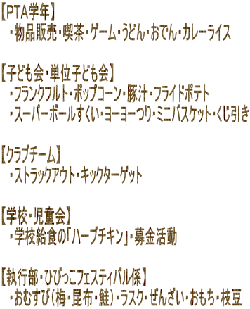 �y�o�s�`�w�N�z �@�E���i�̔��E�i���E�Q�[���E���ǂ�E���ł�E�J���[���C�X  �y�q�ǂ���E�P�ʎq�ǂ���z �@�E�t�����N�t���g�E�|�b�v�R�[���E�؏`�E�t���C�h�|�e�g �@�E�X�[�p�[�{�[���������E���[���[��E�~�j�o�X�P�b�g�E��������  �y�N���u�`�[���z �@�E�X�g���b�N�A�E�g�E�L�b�N�^�[�Q�b�g  �y�w�Z�E������z �@�E�w�Z���H�́u�n�[�u�`�L���v�E�������  �y���s���E�Ђт����t�F�X�e�B�o���W�z �@�E���ނ��сi�~�E���z�E���j�E���X�N�E���񂴂��E�������E�}��